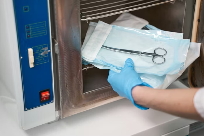 Close-up of a medical-grade HDPE sterilization roll showing a clean-peel seal for surgical instrument packaging.